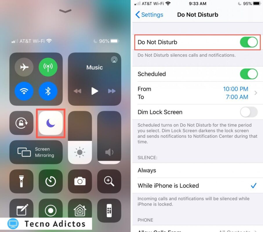 Centro de control y configuración de No molestar del iPhone