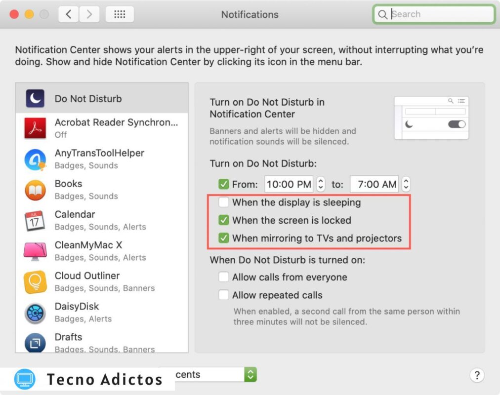 Preferencias del sistema de No molestar Mac