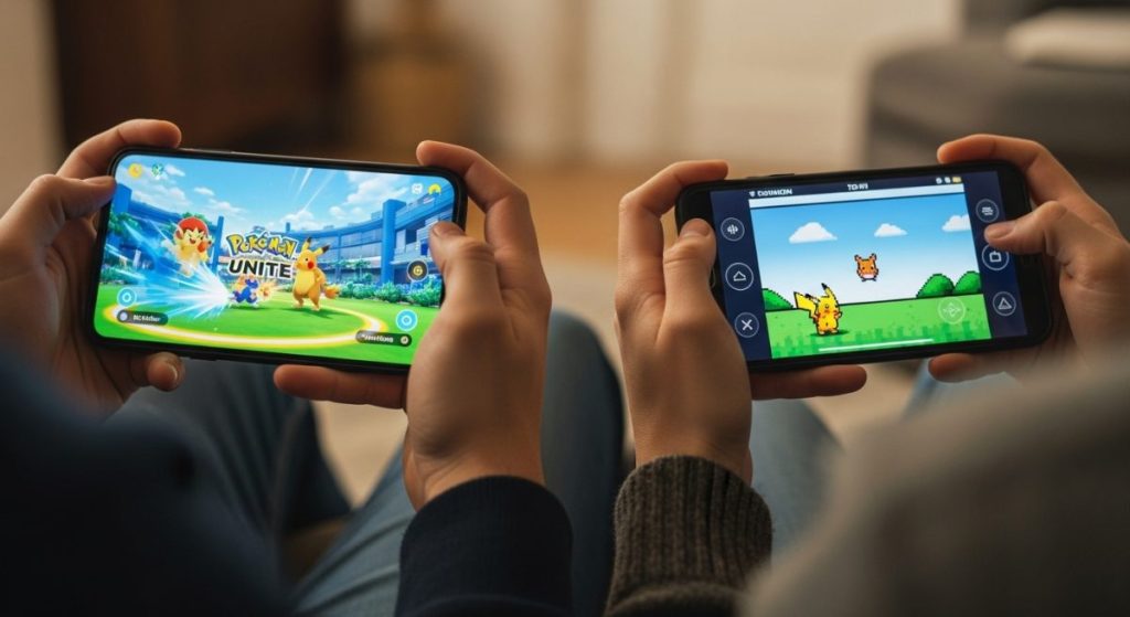 Dos amigos jugando Pokémon UNITE y un clásico en smartphones