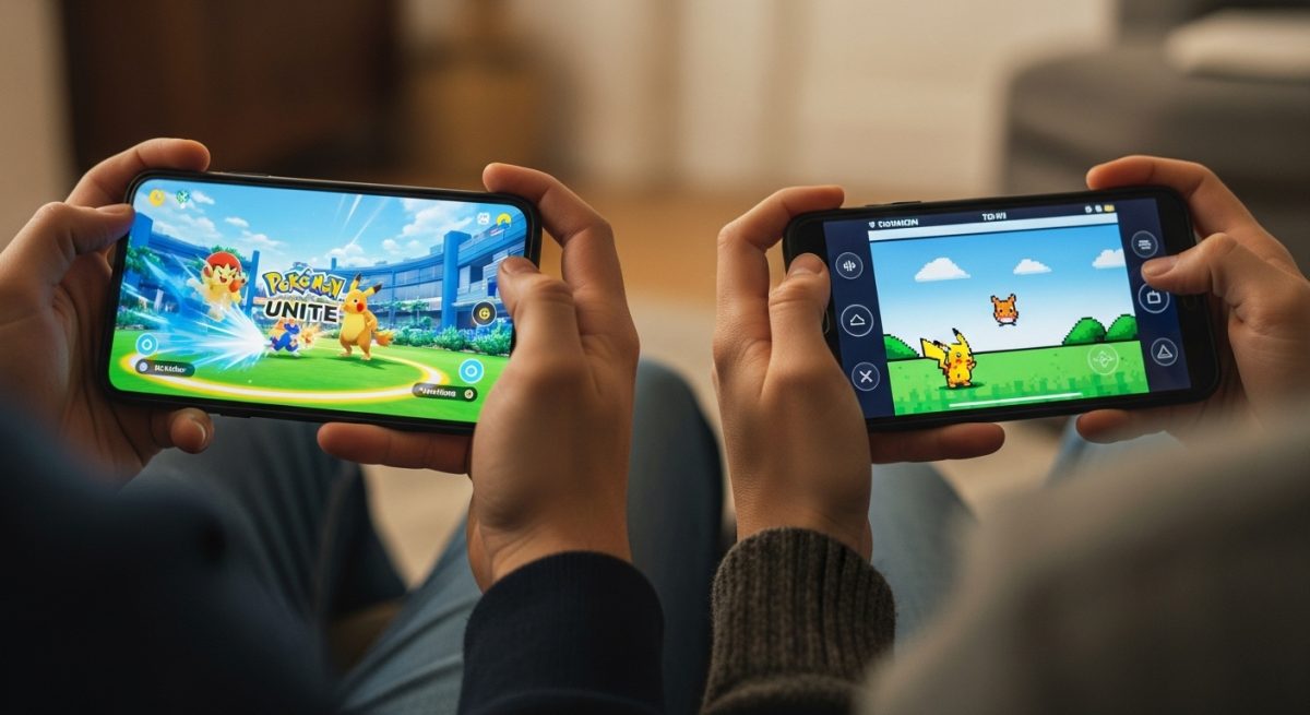 Dos amigos jugando Pokémon UNITE y un clásico en smartphones