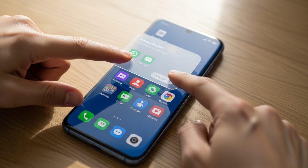 Gestos de pellizco en pantalla Xiaomi mostrando carpeta oculta