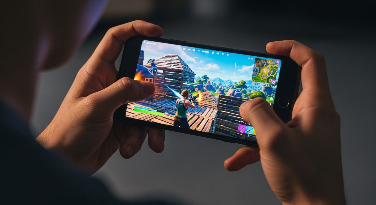 Joven jugando Fortnite en smartphone iluminado en habitación oscura