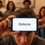 Joven sosteniendo smartphone con "Elefante" en pantalla rodeado amigos
