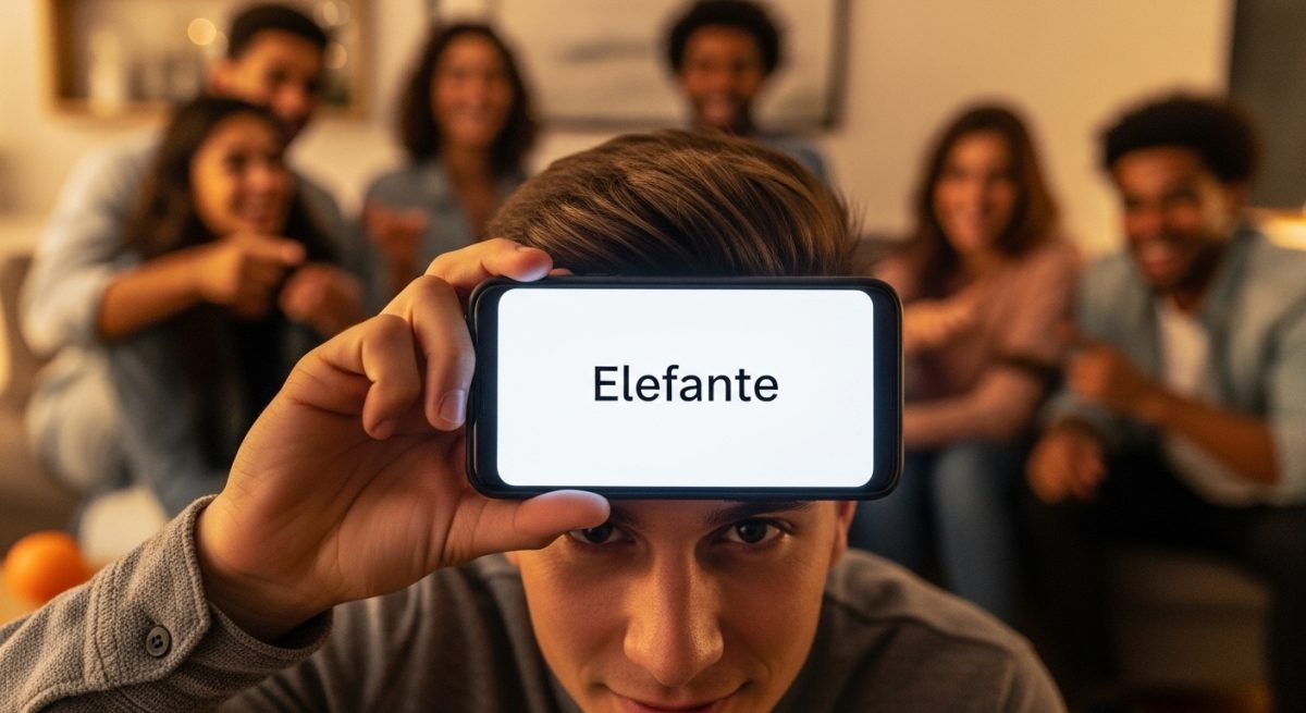 Joven sosteniendo smartphone con "Elefante" en pantalla rodeado amigos