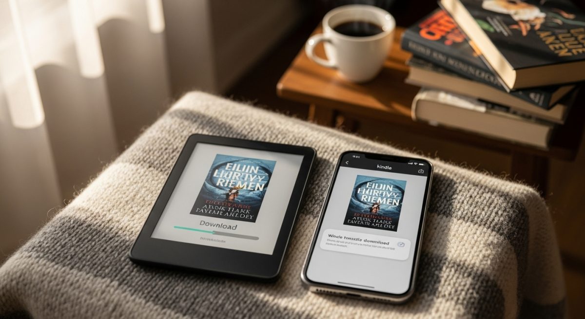 Kindle y smartphone sobre manta con café y libros desenfocados