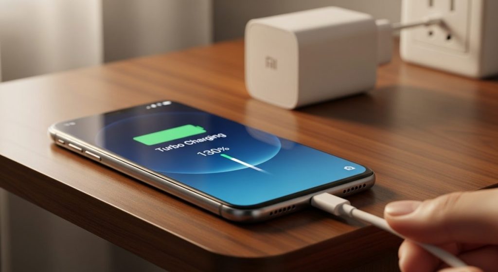 Mano conectando cable USB-C a Xiaomi smartphone con carga turbo MIUI
