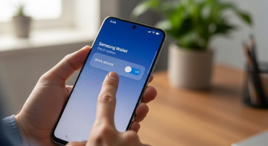 Mano desactivando acceso rápido en smartphone Samsung con Samsung Wallet