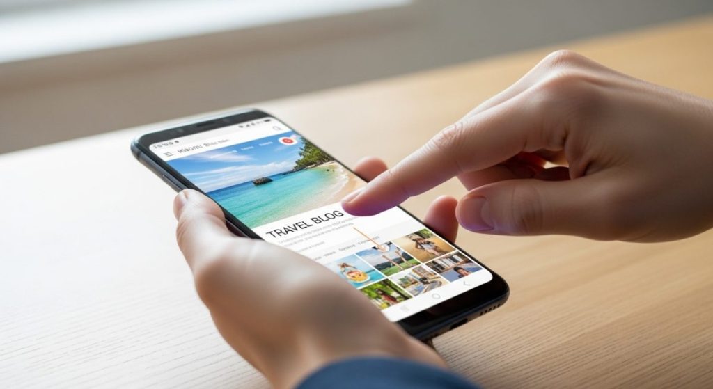 Mano haciendo gesto de captura en smartphone Xiaomi con blog viajero