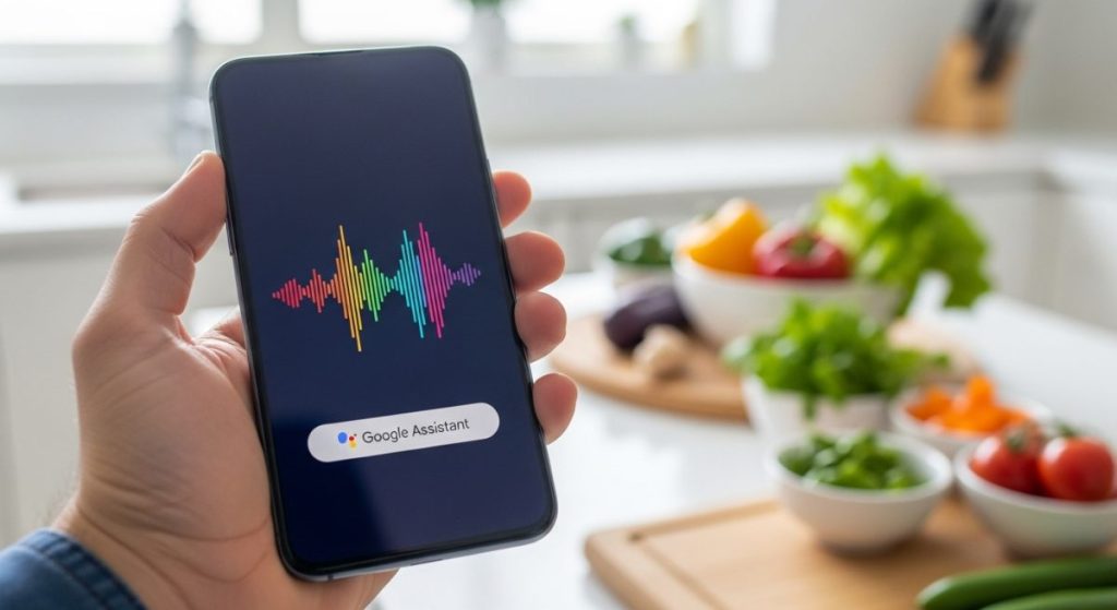 Mano sosteniendo smartphone Android con Google Assistant en cocina moderna
