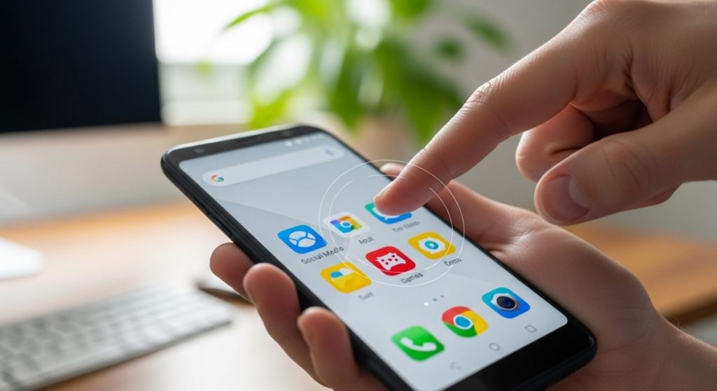 Mano sosteniendo smartphone Android creando carpeta en pantalla de inicio