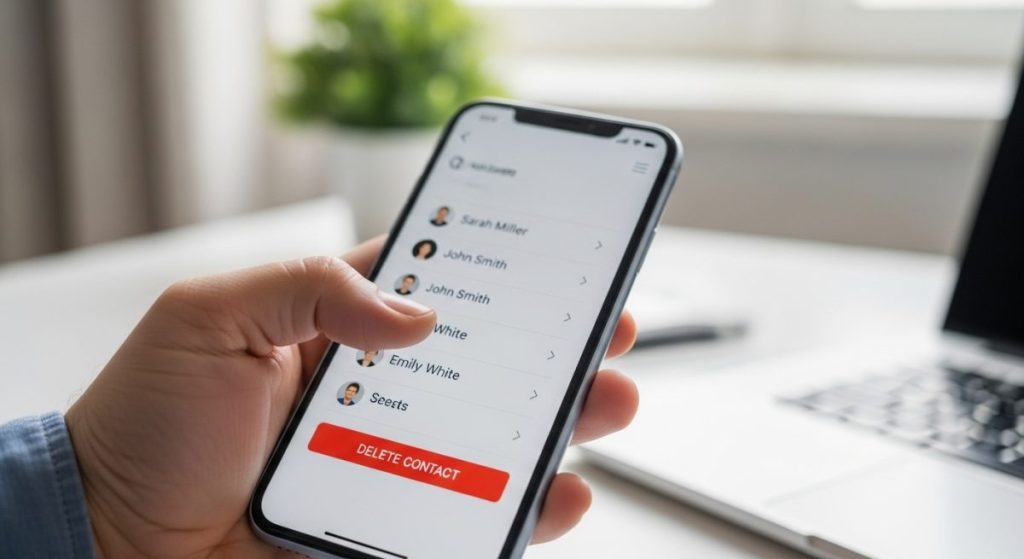 Mano sosteniendo smartphone con app de contactos mostrando botón Eliminar Contacto