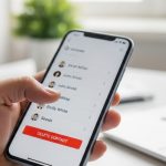 Mano sosteniendo smartphone con app de contactos mostrando botón Eliminar Contacto