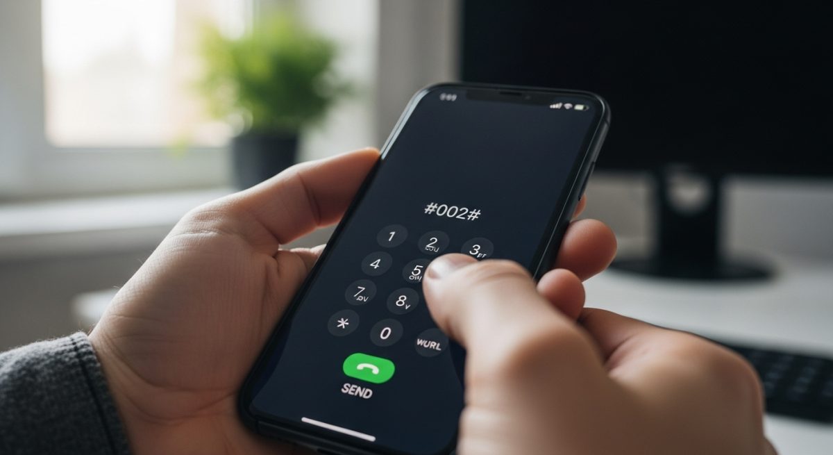 Mano sosteniendo smartphone con código ##002# en pantalla numérica