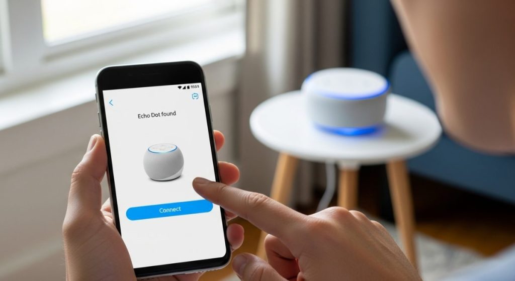 Mano sosteniendo smartphone con interfaz de la app Alexa en pantalla