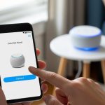 Mano sosteniendo smartphone con interfaz de la app Alexa en pantalla