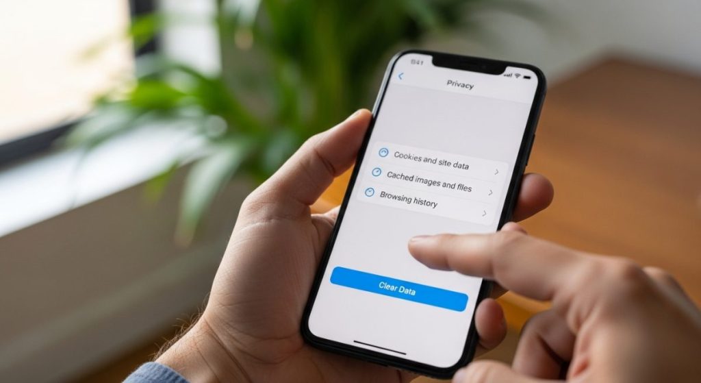 Mano sosteniendo smartphone moderno en menú de privacidad de navegador