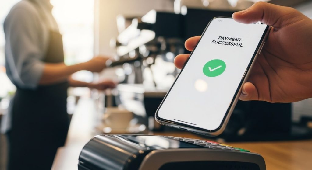 Mano sosteniendo smartphone mostrando pago exitoso cerca de terminal pantalla