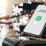 Mano sosteniendo smartphone mostrando pago exitoso cerca de terminal pantalla