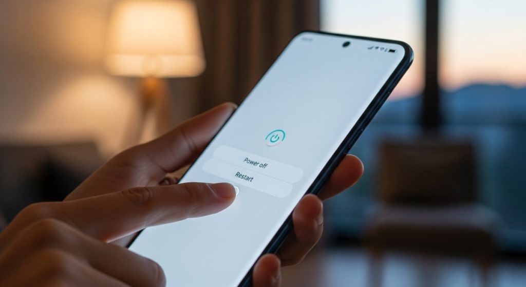 Mano sosteniendo smartphone Samsung mostrando menú de apagado en pantalla