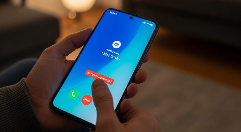 Mano sosteniendo smartphone Xiaomi con advertencia de spam en pantalla