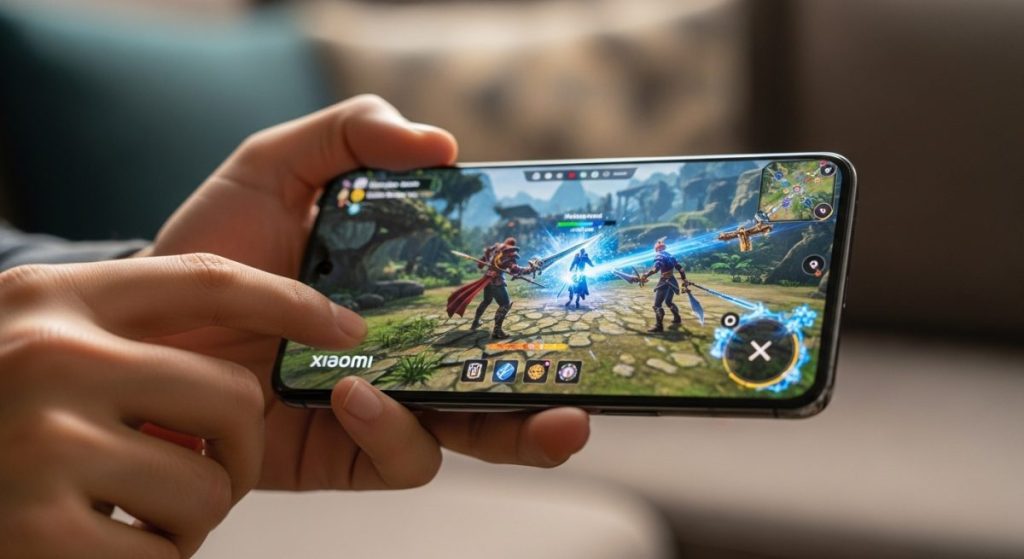 Mano sosteniendo teléfono Xiaomi mostrando juego pausado en pantalla brillante