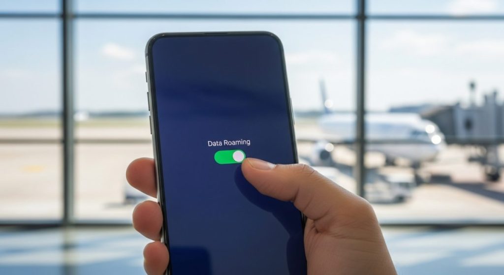Mano sosteniendo un smartphone Android con opción de roaming activa