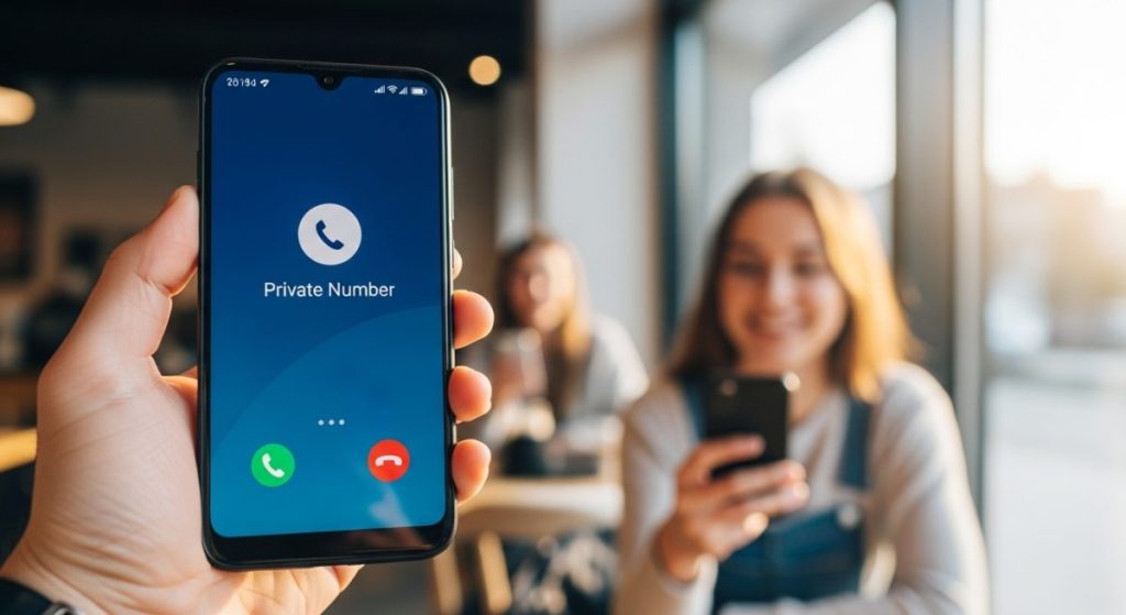 Mano sosteniendo un smartphone Android moderno con notificación de llamada privada