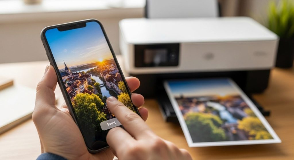 Mano sosteniendo un smartphone con pantalla de impresión en una oficina