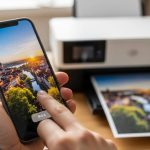Mano sosteniendo un smartphone con pantalla de impresión en una oficina