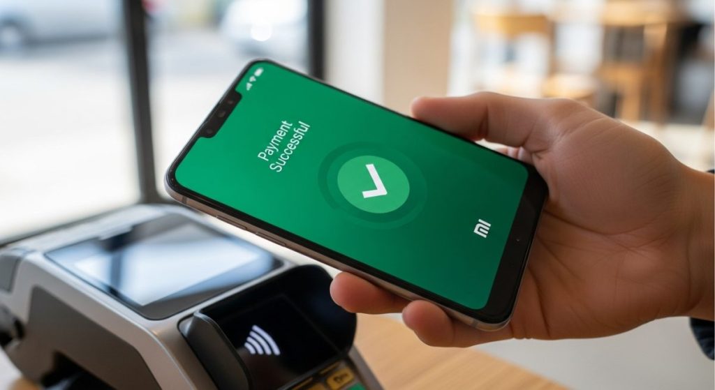 Mano sostiene smartphone Xiaomi sobre terminal de pago en cafetería moderna