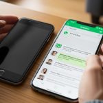 Manos colocando smartphone nuevo junto a antiguo sobre mesa madera