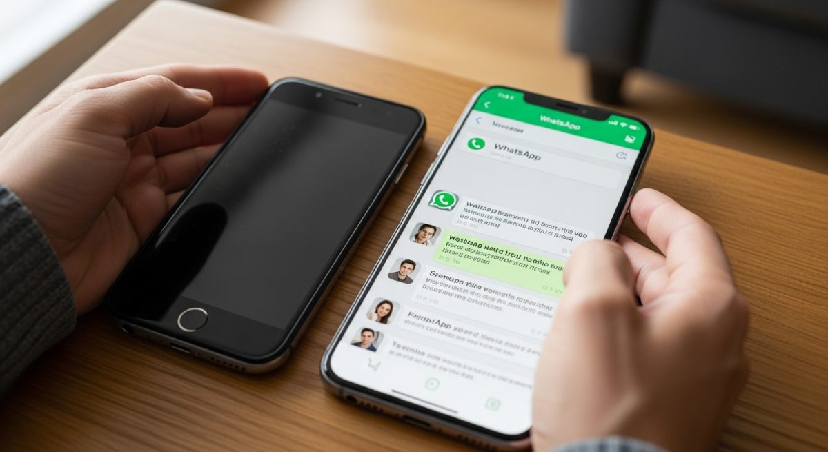 Manos colocando smartphone nuevo junto a antiguo sobre mesa madera