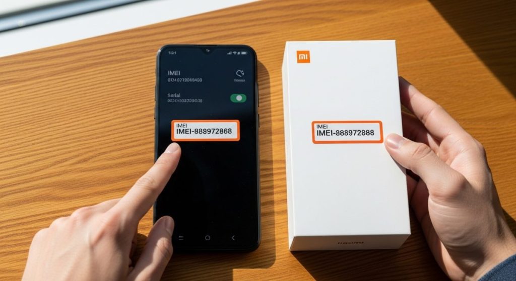 Manos comparando smartphone Xiaomi nuevo con caja mostrando número IMEI