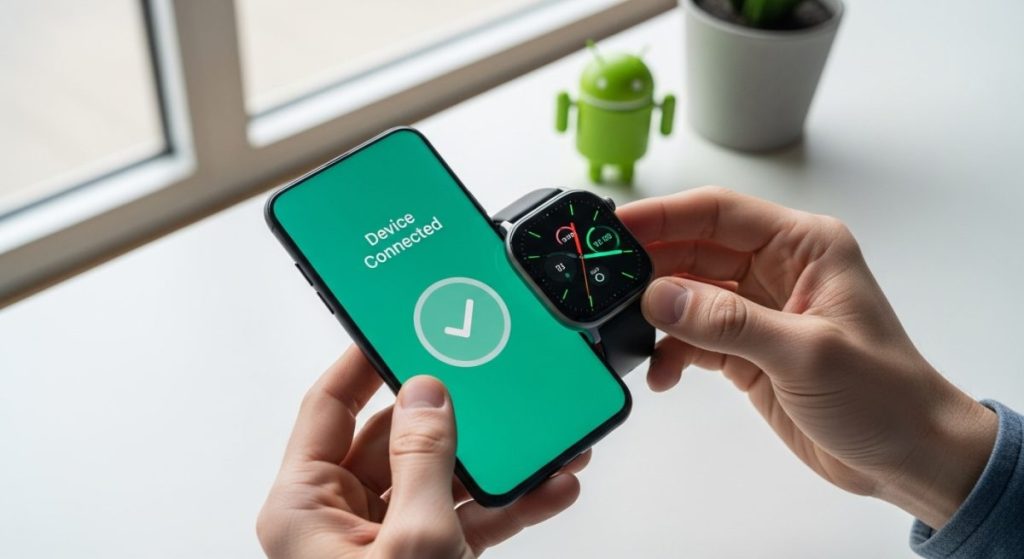 Manos con smartwatch moderno y smartphone Android con mensaje de conexión