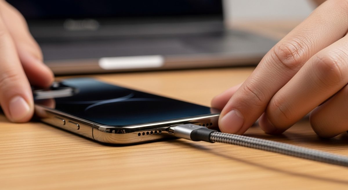 Manos conectando cable USB-C trenzado a iPhone 15 en escritorio