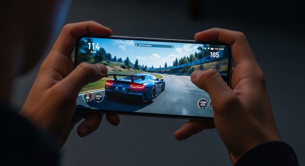 Manos jóvenes con smartphone Xiaomi en intensa sesión de juego