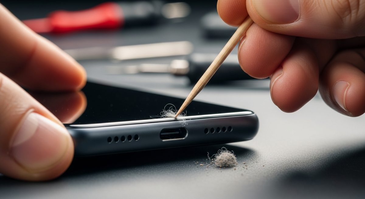 Manos limpiando polvo de puerto USB-C de smartphone