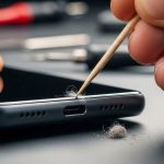Manos limpiando polvo de puerto USB-C de smartphone