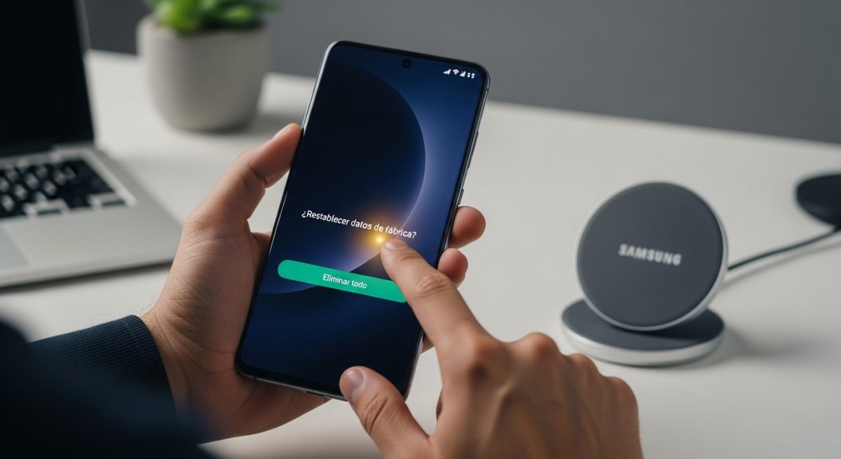 Manos preparando restablecimiento de fábrica en smartphone Samsung moderno