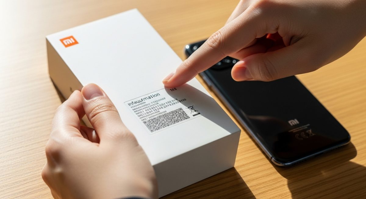 Manos sosteniendo caja de Xiaomi smartphone con etiqueta y logo visibles