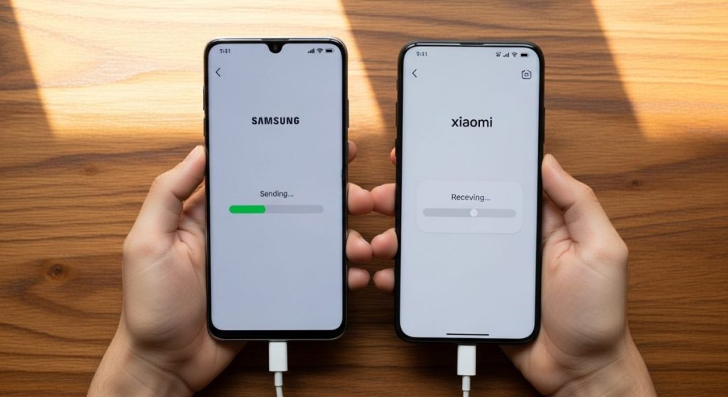 Manos sosteniendo dos smartphones Samsung y Xiaomi conectados con cable USB-C