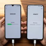 Manos sosteniendo dos smartphones Samsung y Xiaomi conectados con cable USB-C