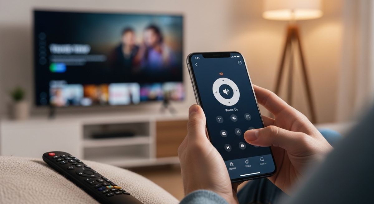 Manos sosteniendo iPhone con aplicación de control remoto TV