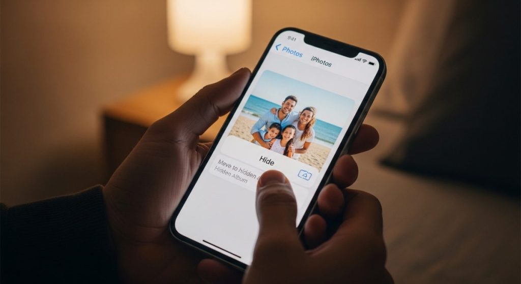 Manos sosteniendo iPhone con foto familiar y opción Ocultar seleccionada