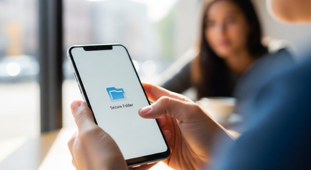 Manos sosteniendo smartphone Android con ícono