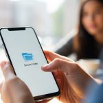 Manos sosteniendo smartphone Android con ícono