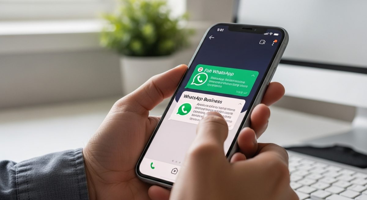 Manos sosteniendo smartphone con aplicaciones WhatsApp y WhatsApp Business