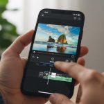 Manos sosteniendo smartphone con app de edición de vídeo abierta
