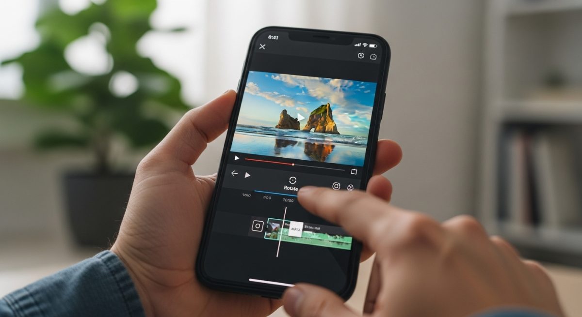 Manos sosteniendo smartphone con app de edición de vídeo abierta