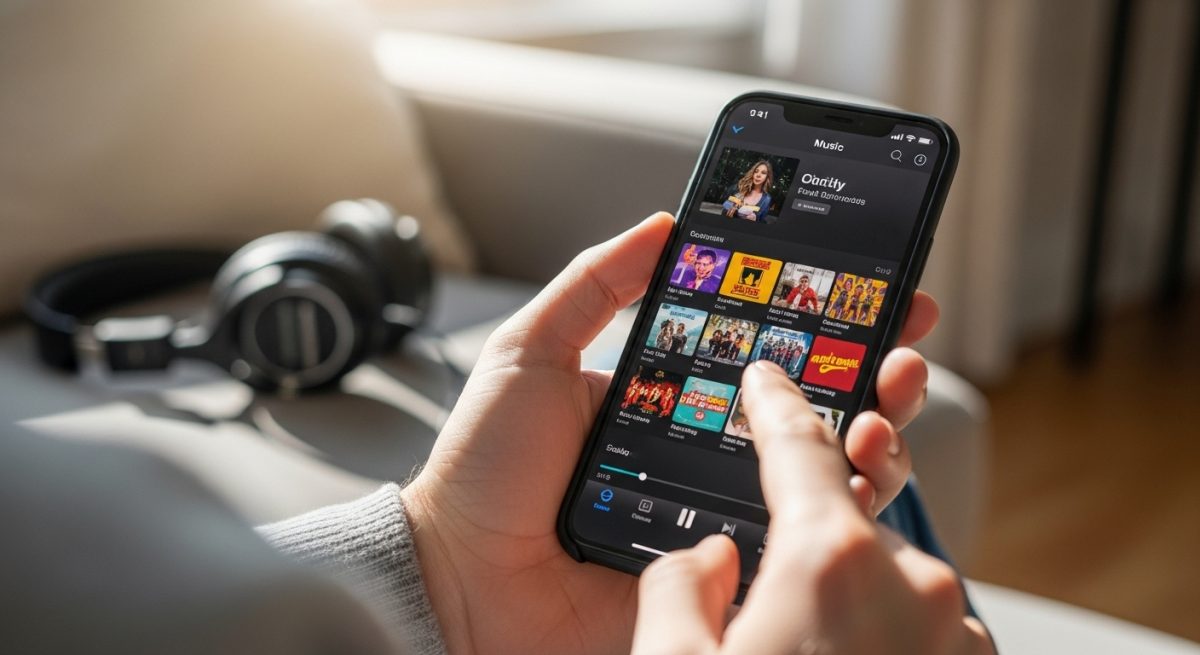 Manos sosteniendo smartphone con interfaz de aplicación musical en pantalla